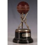 Cricket interest; 1936 cricket trophy, comprising three stumps held by laurel crown supporting a