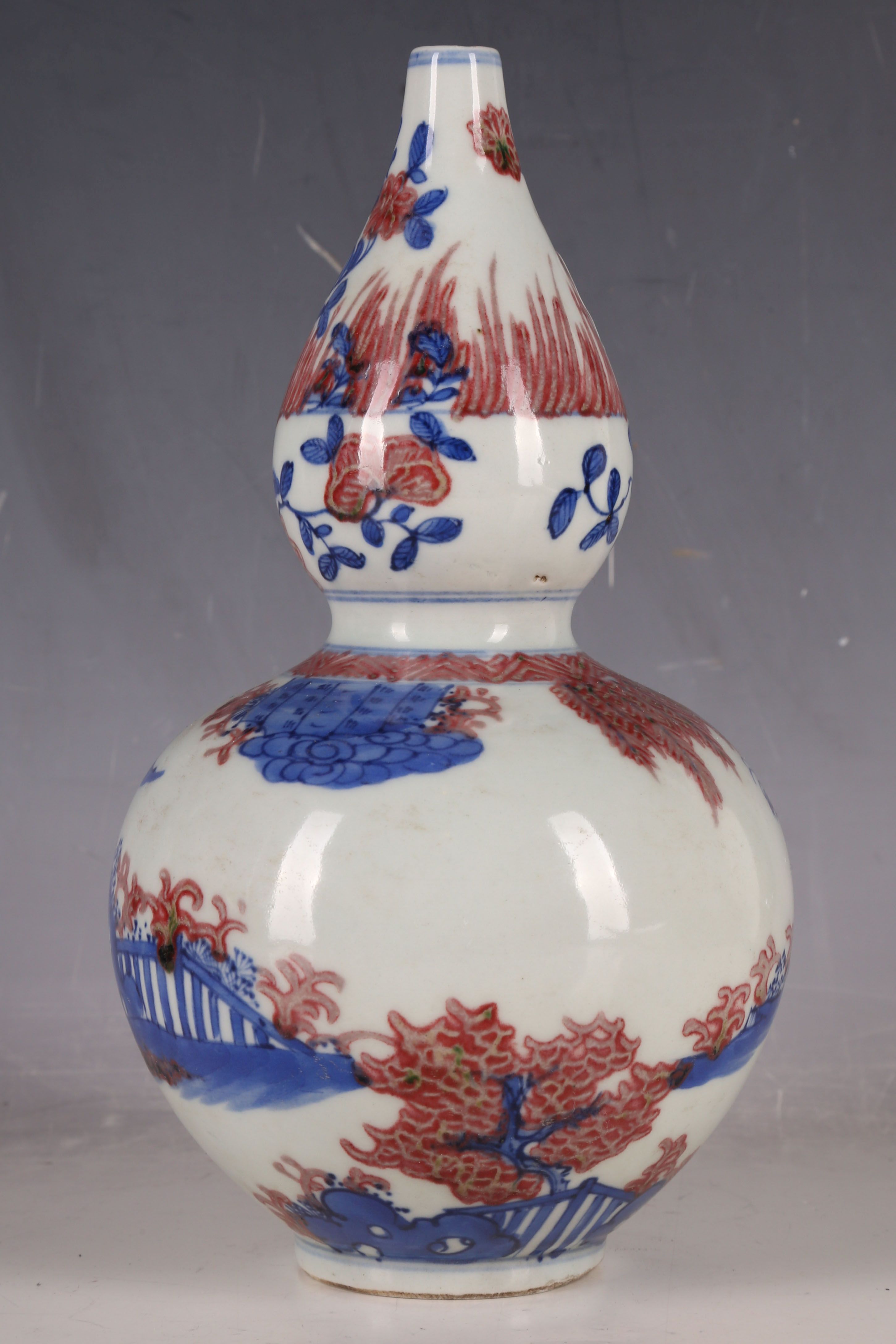 A Chinese gourd vase, red leaf and blue floral decoration with children in the garden, two rings - Image 2 of 3