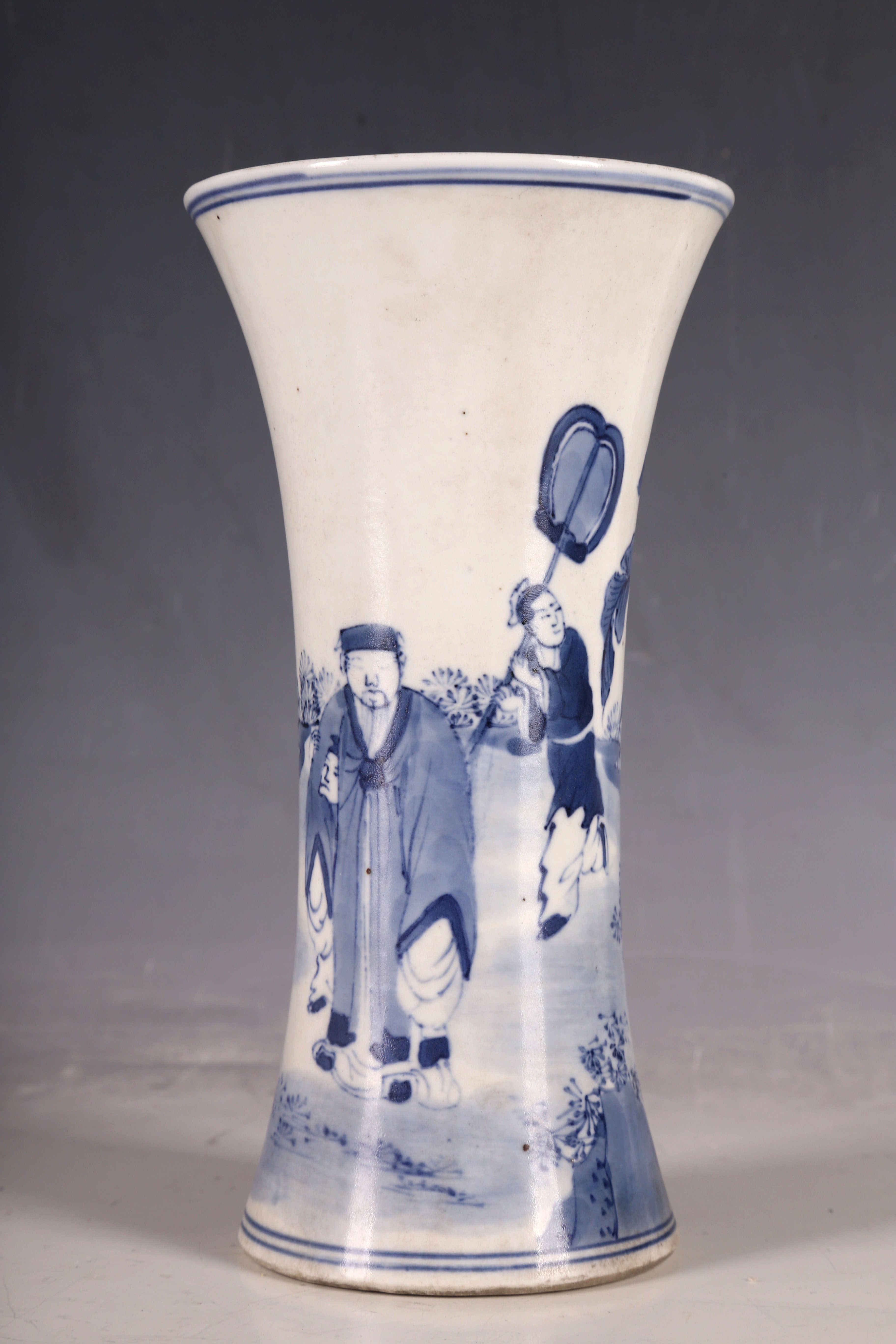 A Chinese vase, everted rim, blue glaze study of official with servants in the countryside, 18.3cm - Image 2 of 3