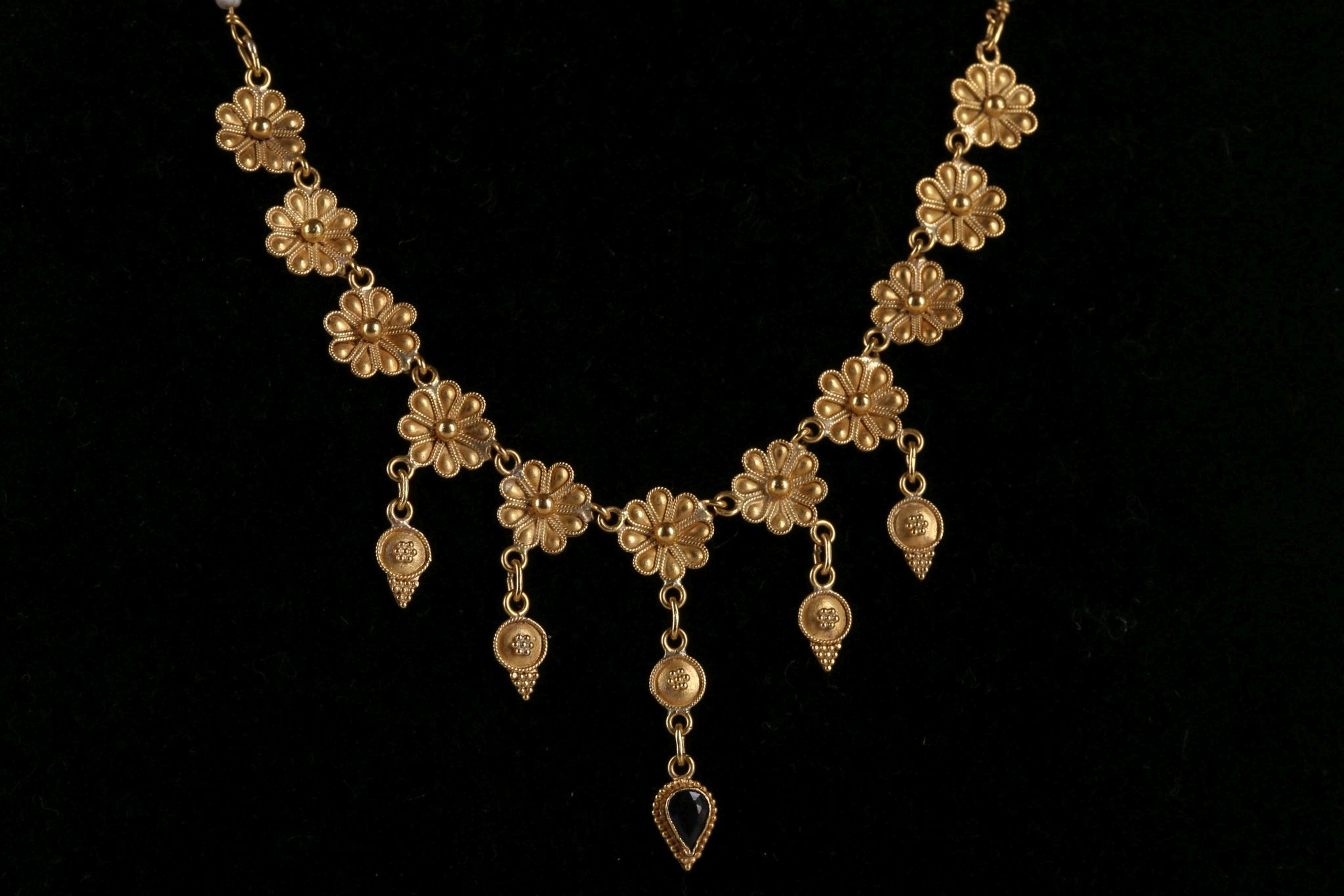 A 22ct gold and seed pearl necklace, with floral roundel links and sapphire drop, together with - Image 4 of 6