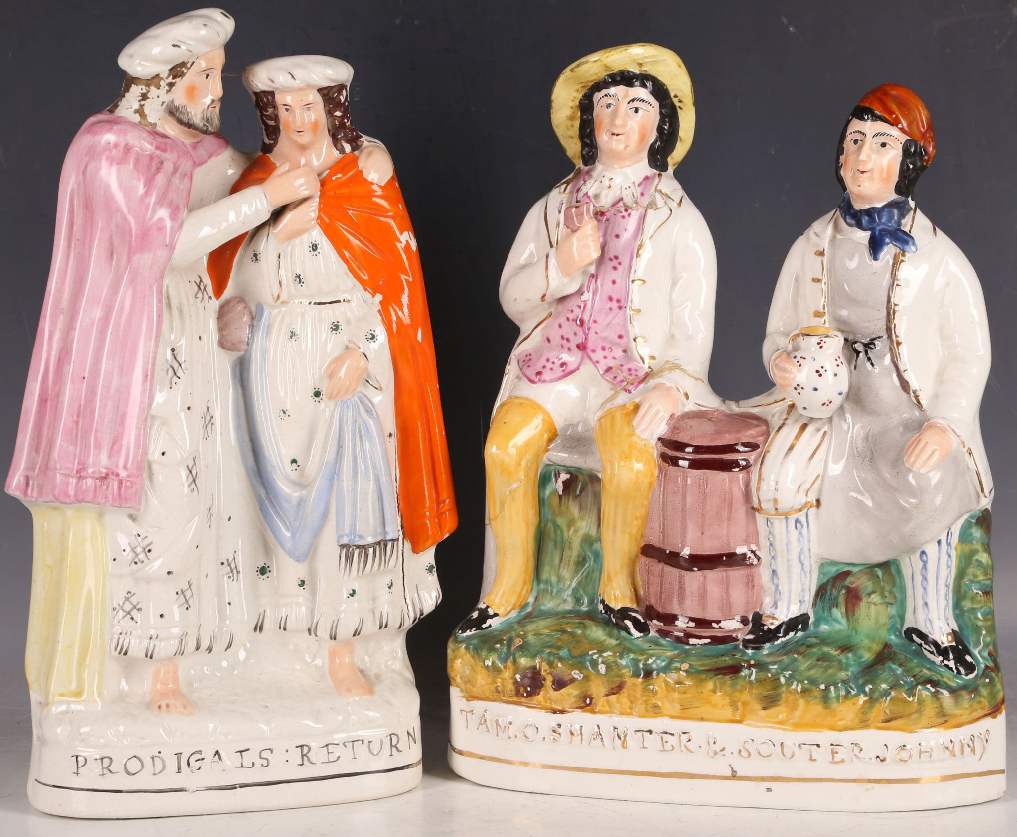 Two 19th Century glazed Staffordshire pottery figures, one depicting Tam O'Shanter and Souter