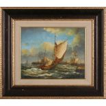 A 19th Century seascape of sail boats approaching harbour, oil on board, later framed, 19 x 24cm.