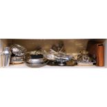 A large selection of various silver plated domestic wares, including cutlery, rose bowls, travelling