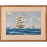 Richard Anderson, watercolour, three masted sailing ships, fully rigged, framed, signed.