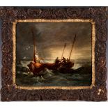 A late 19th Century, British, 'Raising The Oars', oil on panel, marine study of a manned row boat in