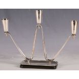 A stylish 1960s Cohr of Denmark silver plated modernistic design three branch table candlestick,