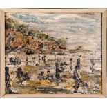 A 20th Century British School, oil on board, impressionistic study of figures on the beach, signed