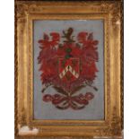 A mid 19th Century, oil on canvas, heraldic crest with Fleur-de-Lis, and inverted chevron, on a blue