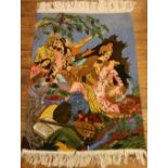 A Middle East silk-wool rug, a life depiction of Omar Khayyam taking wine with men and women, with