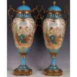 A pair of Napoleon III style lidded jars and covers, turquoise field, panel of girl and cupid,