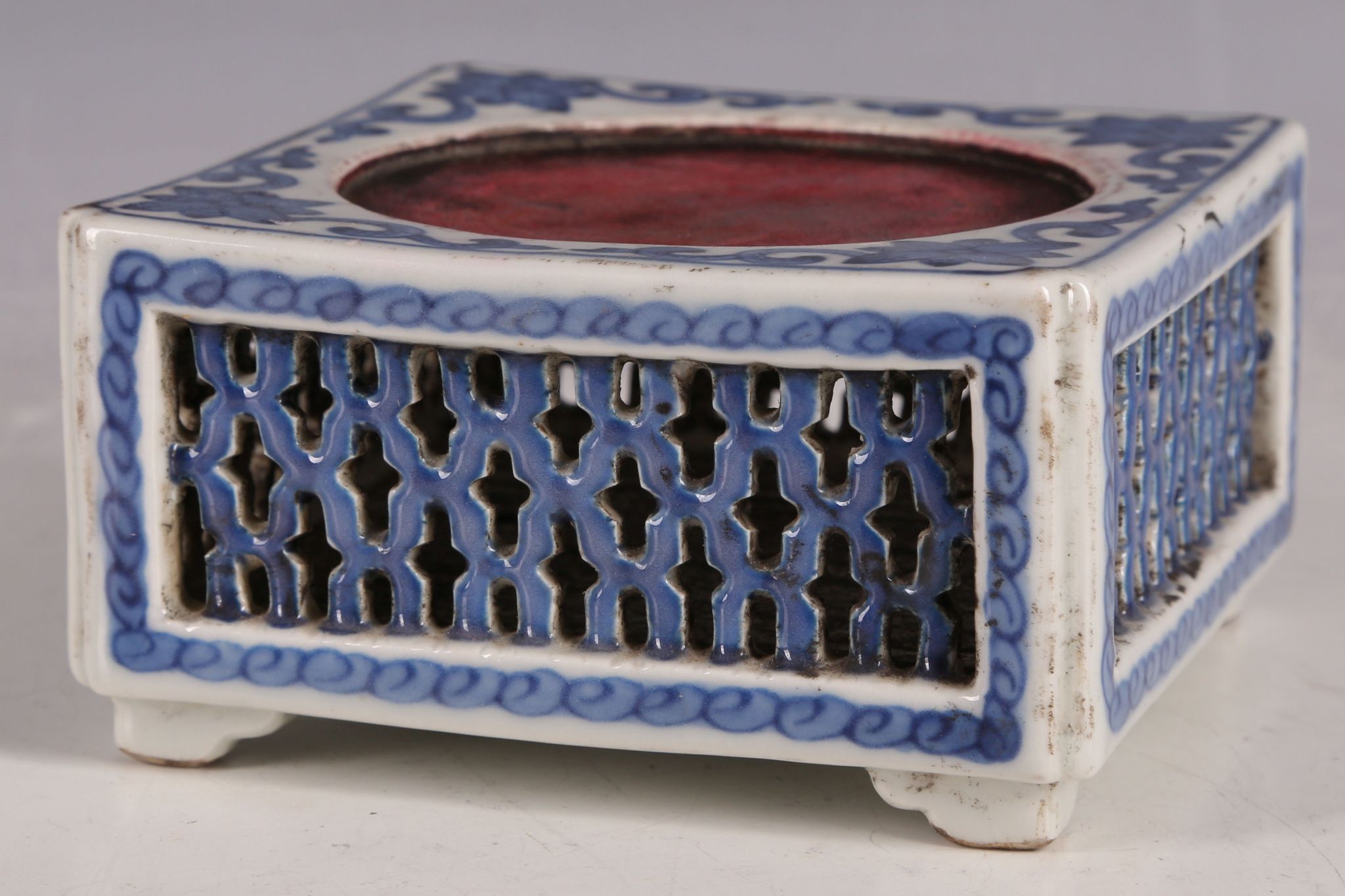 A Chinese ceramic ink mixing palette, blue glaze, trailing floral decoration, pierced panels, - Image 2 of 4