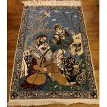 A Middle East silk-wool rug, a life depiction of Omar Khayyam surrounded by musicians and takers