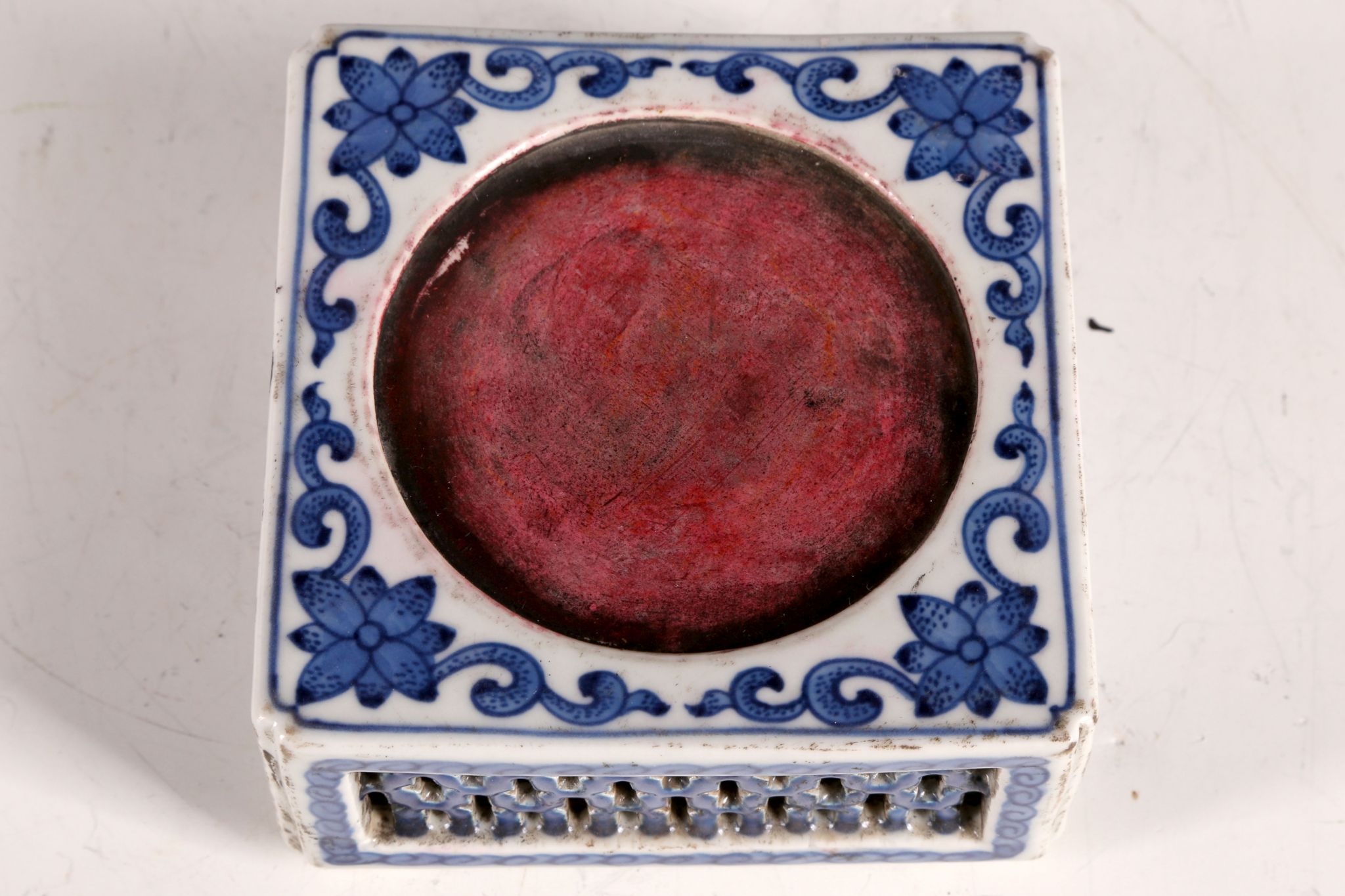 A Chinese ceramic ink mixing palette, blue glaze, trailing floral decoration, pierced panels, - Image 3 of 4