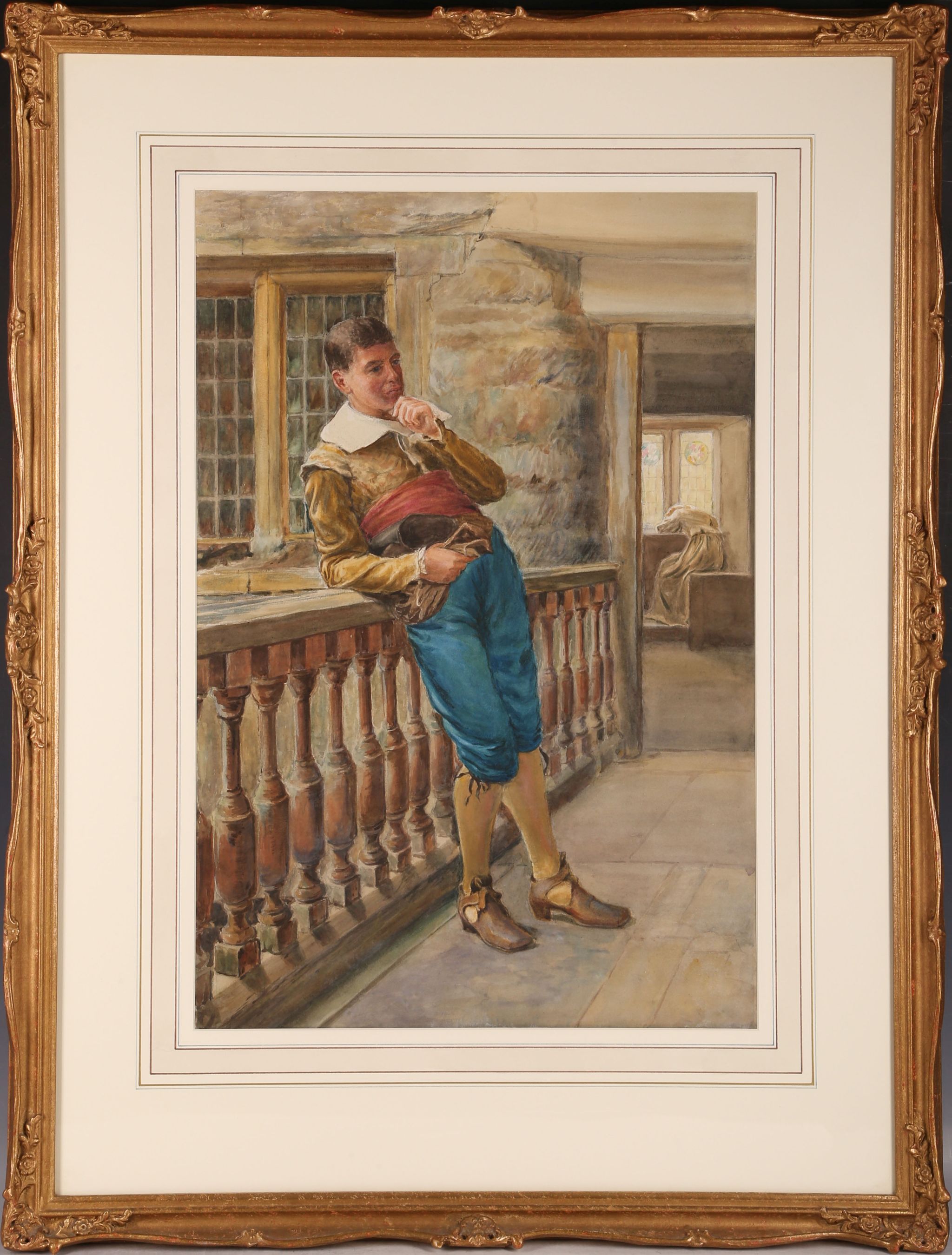 A late 19th Century Italian School, watercolour, gentleman leaning on a balustrade, unsigned,