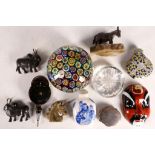 A selection of various collectables, including a paperweight, two Chinese snuff bottles, small metal