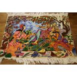 A Middle East silk-wool rug, a life depiction of Omar Khayyam with ladies, wine and music, in garden