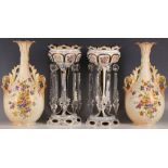A pair of Bohemian overlaid flash cut glass centre pieces, hung with prismatic lustres (26.1cm H,