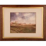 'Nuremberg', a 19th Century watercolour study of the German city seen from a distance, with brass