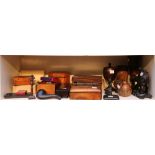 A miscellaneous set of treen and wooden boxes and carved items, to include a trumpet form vase, a