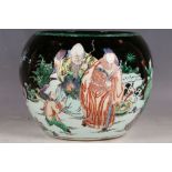 A Chinese famille noire globular vase, decorated with scholars, children, cranes and deer in a