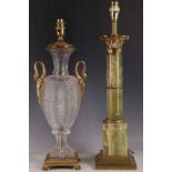 An early 20th Century green onyx based lamp base, together with crystal cut glass, French Empire