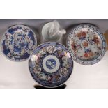 Three large Imari decorated plates, one with Qianlong mark, 36-40cm dia. Together with a bowl,