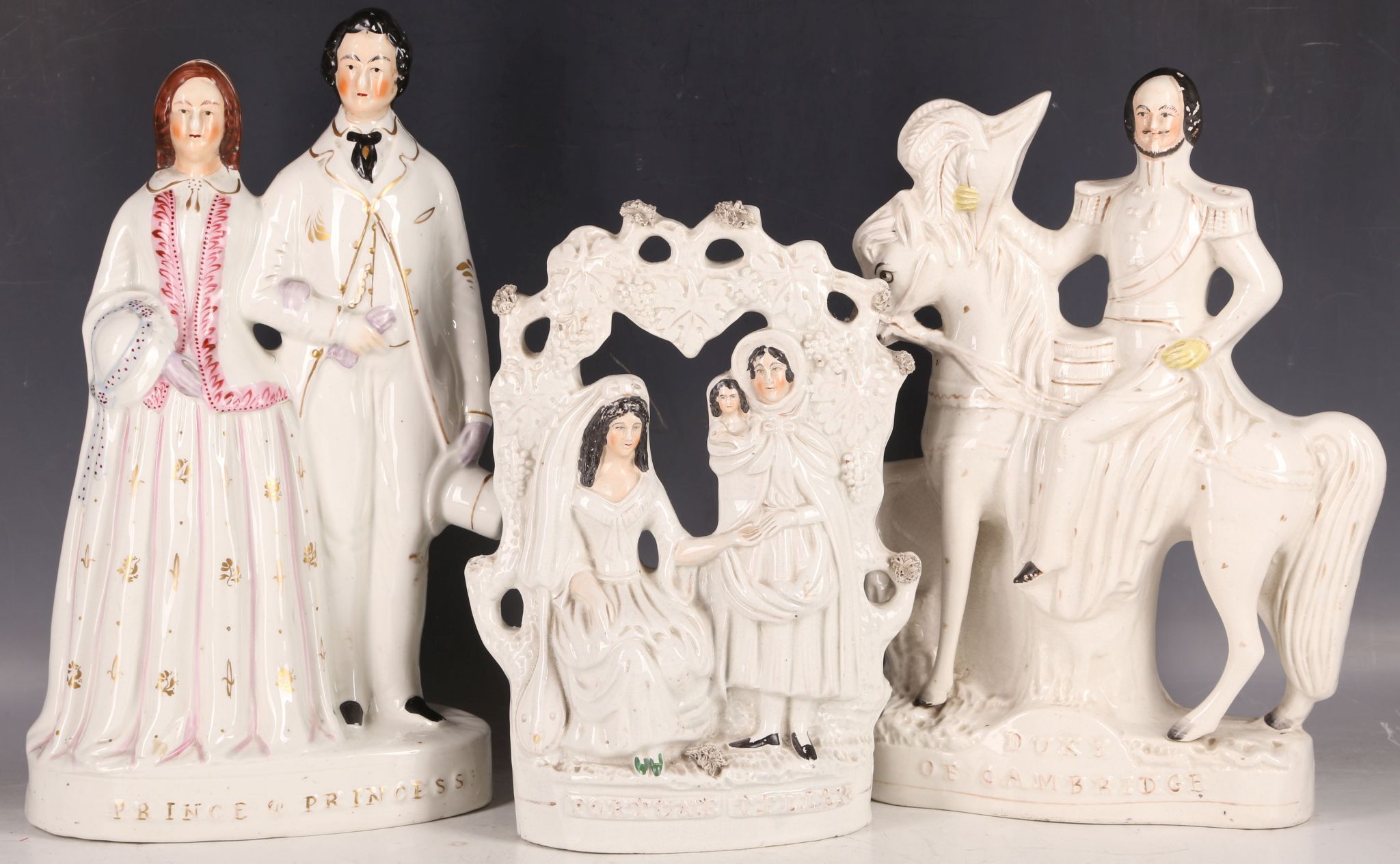 Three 19th Century glazed Staffordshire pottery figures, to include the Duke of Cambridgeshire,