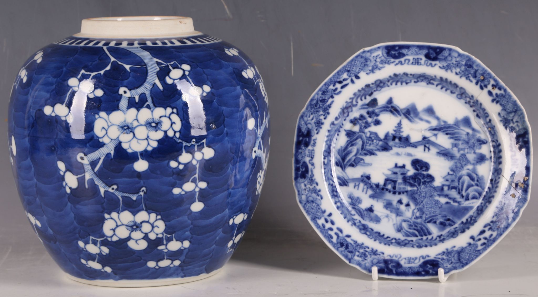 A late 18th / 19th Century Chinese blue and white stapled dish, octagonal, landscape decoration with