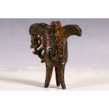 A Chinese spinach jade archaic form oil pourer, dragon handle, abstract decoration, tri-pod legs,