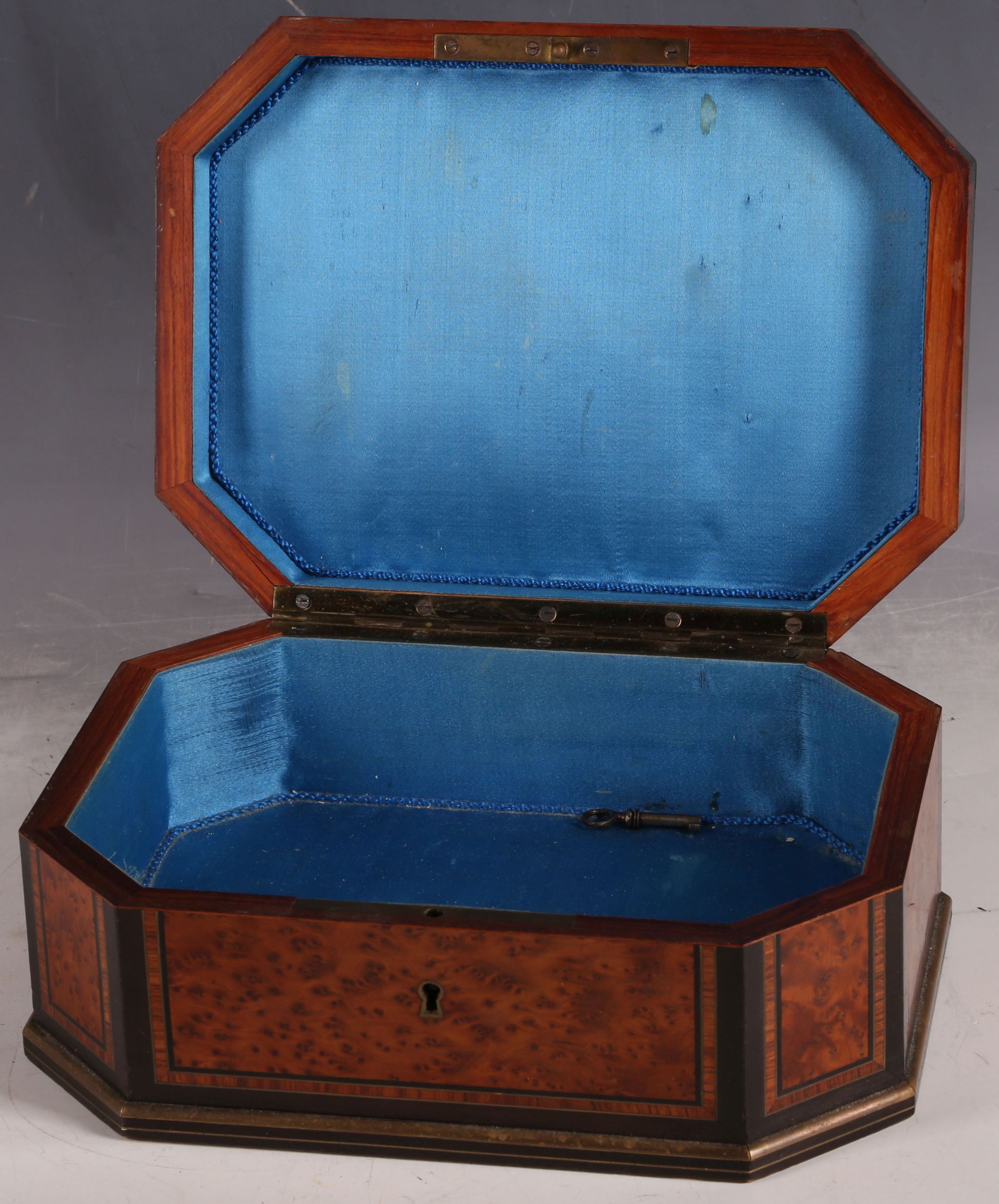 A 19th Century amboyna casket, with ebonised and gilt metal inlaid border decoration, and blue - Image 5 of 5