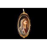 An antique gold mounted portrait miniature of the Virgin Mary, signed 'Remo', (gold assumed 18ct,