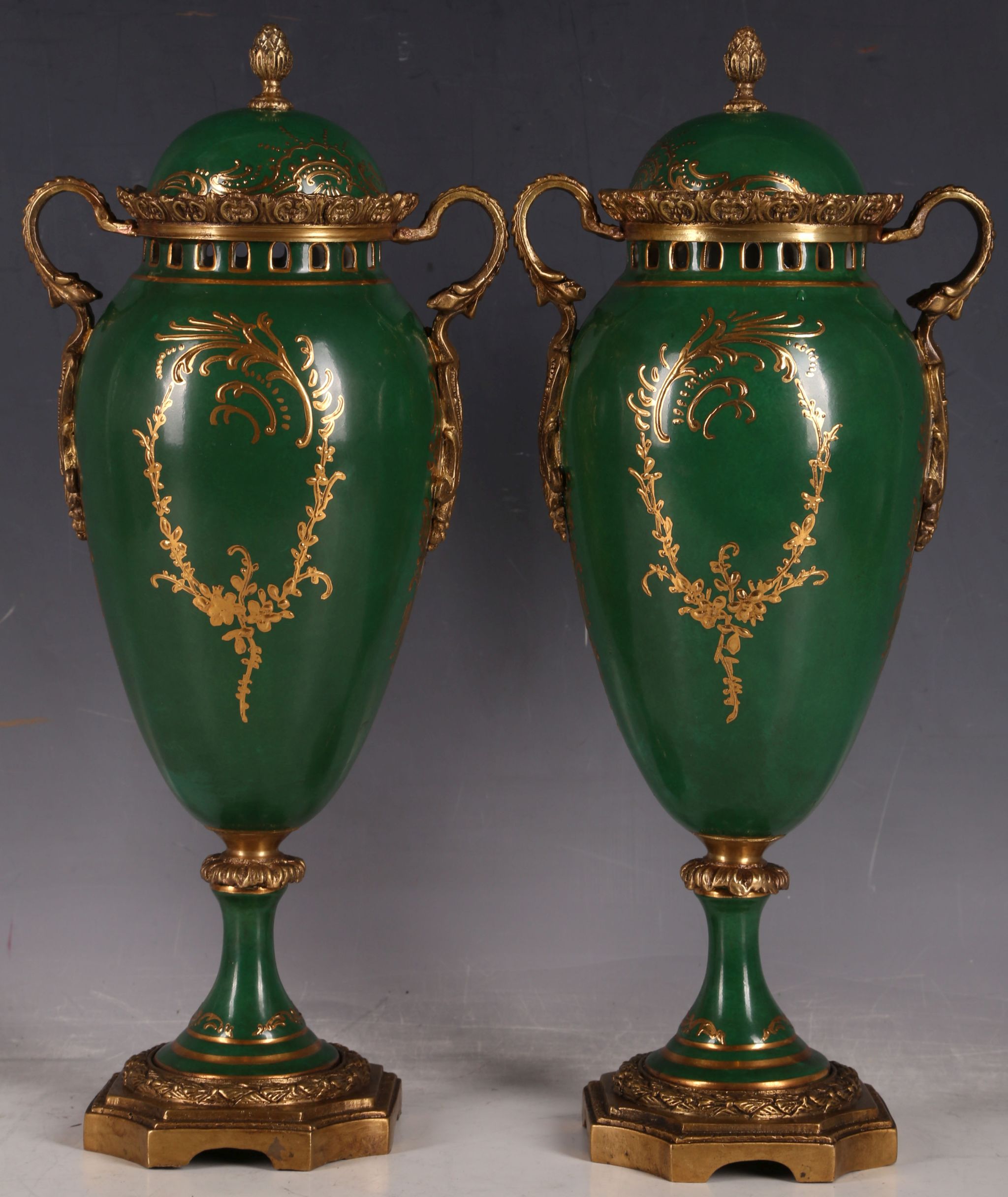 A pair of green glaze Empire style lidded jars, central panel with beauty, gilt and floral - Image 2 of 2