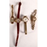 Four ladies 9ct gold wristwatches; one having gold bracelet strap, two with plated straps and one