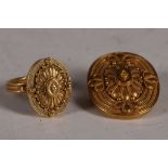 A 22ct gold and filigree decorated dress ring, together with matching brooch (7g and 10g, total