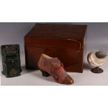 A 19th Century ladies writing set, in a shoe form container, together with polished sea shell pin