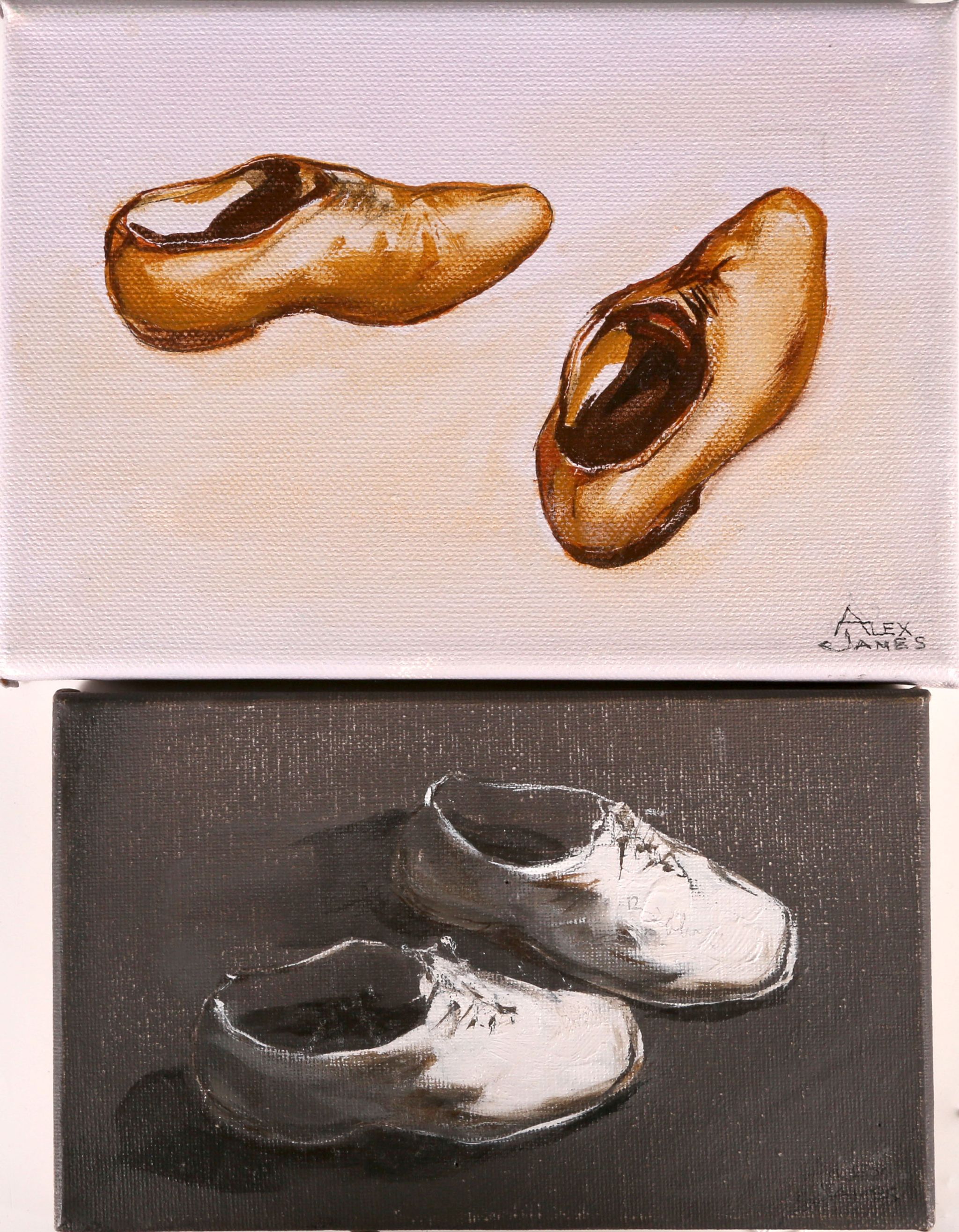 Alex James (20th Century, British), 'Disco Shoes' and 'Beige Shoes', a pair of small oil on canvas