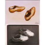 Alex James (20th Century, British), 'Disco Shoes' and 'Beige Shoes', a pair of small oil on canvas