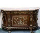 A French, Louis XV style, marble top credenza, brass dentil trim above, floral swags, curved doors