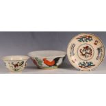 A Chinese rice bowl, chicken decoration and matching saucer with dragon, six character marks and