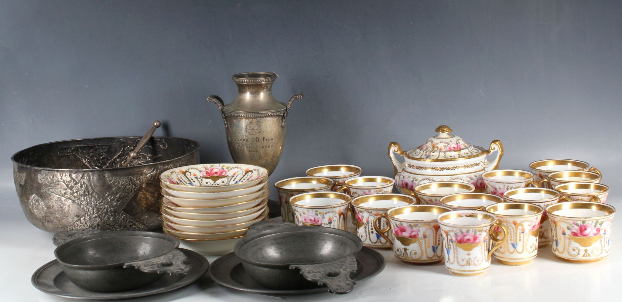 Early Davenport tea wares, white metal items, two duelling pictures.