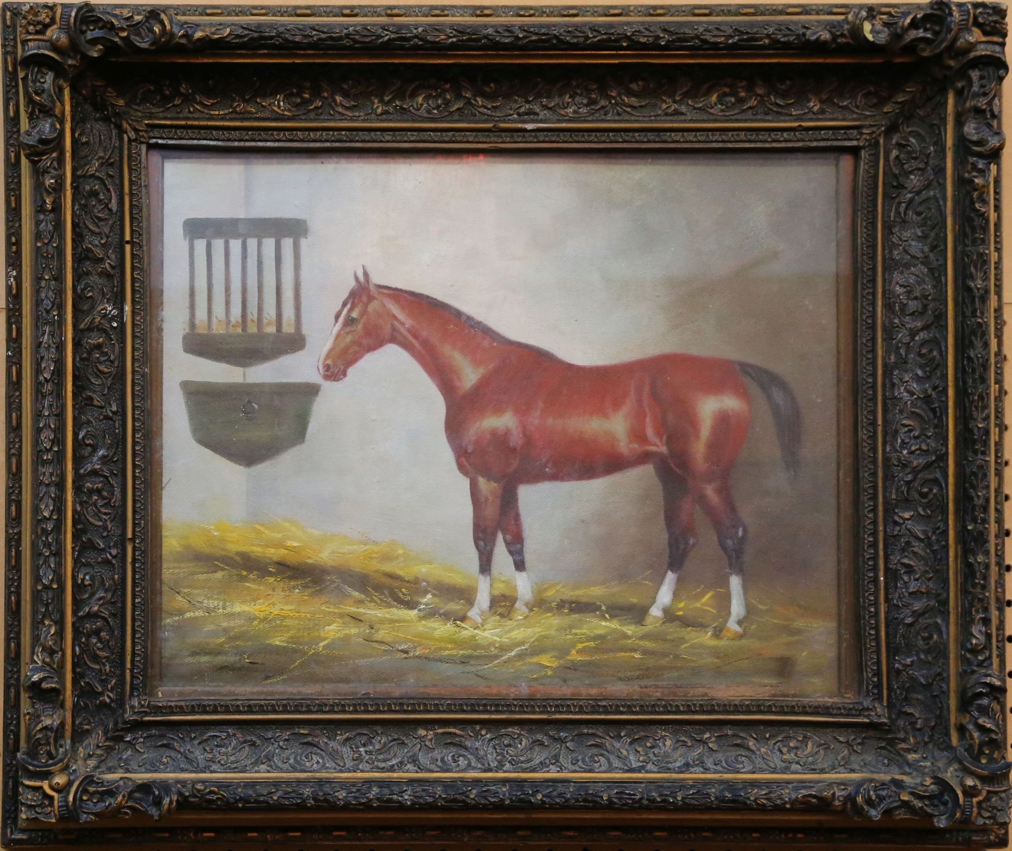 A swept gilt framed oil painting, equine study of a thoroughbred horse in a stable, 19 x 36cm.