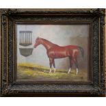 A swept gilt framed oil painting, equine study of a thoroughbred horse in a stable, 19 x 36cm.