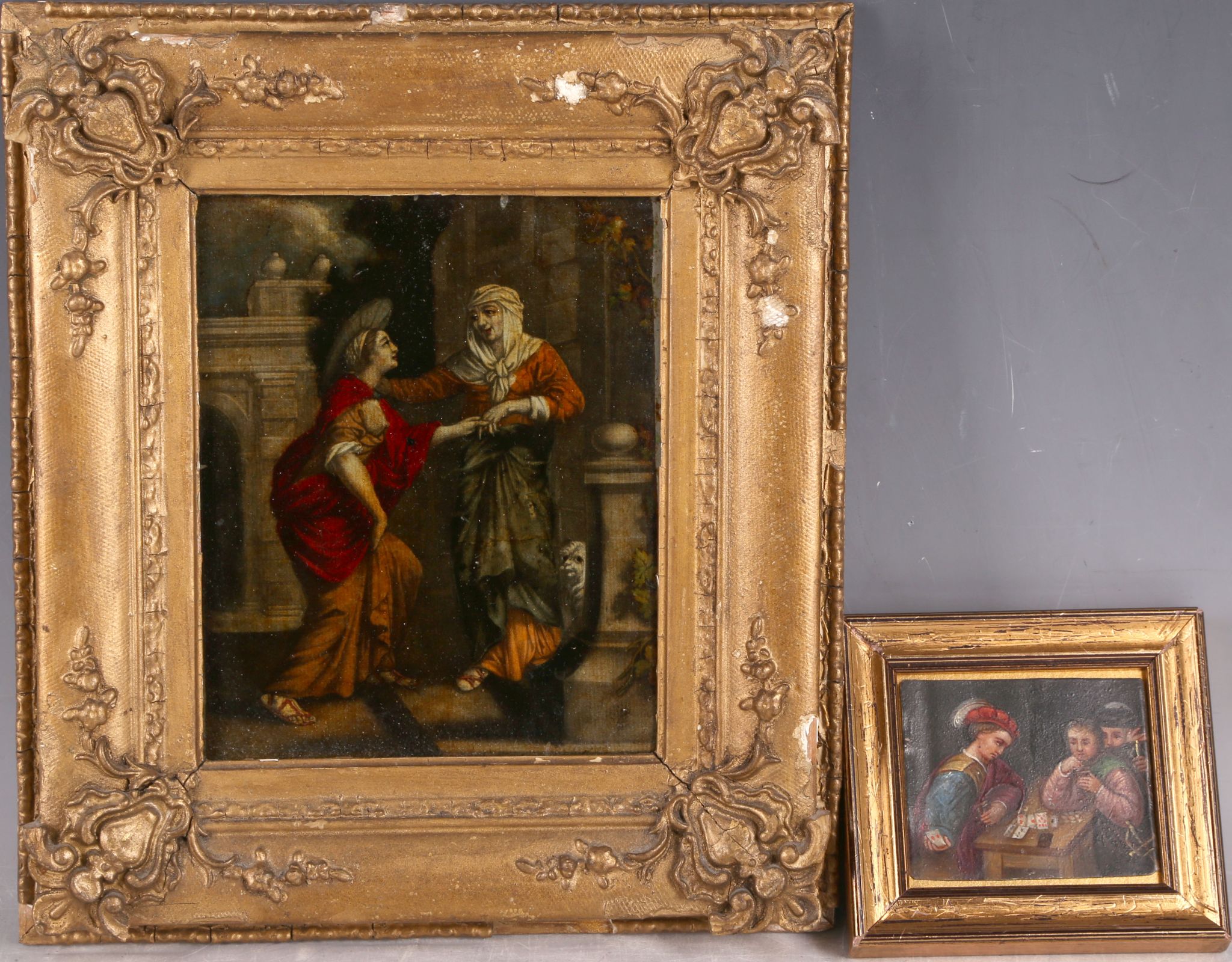 An 18th Century oil on tin, 'The Card Players', framed, together with a reverse glass picture of two