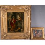 An 18th Century oil on tin, 'The Card Players', framed, together with a reverse glass picture of two