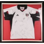 A Fulham Football Club signed home strip, mounted and framed.