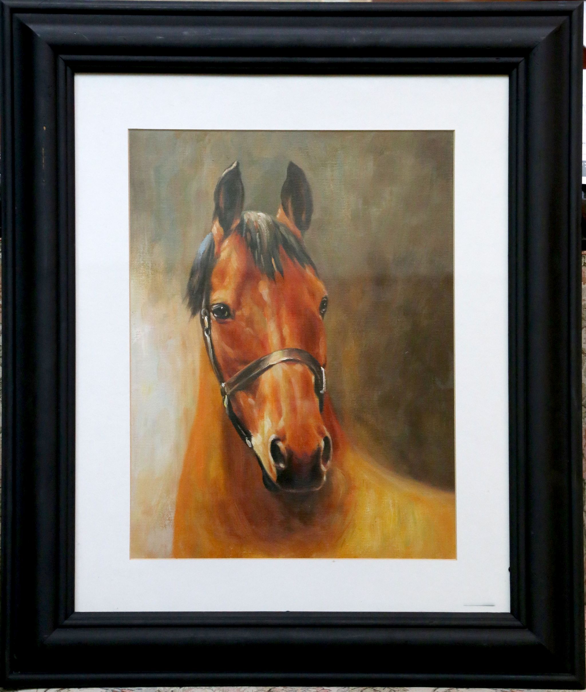 An ebonized framed equine oil painting study of a thoroughbred horse, 39.5 x 29.5cm.