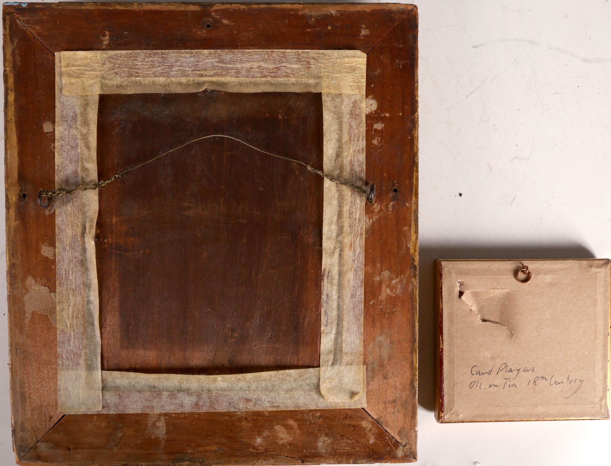 An 18th Century oil on tin, 'The Card Players', framed, together with a reverse glass picture of two - Image 2 of 2