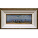 A studio framed impressionist oil painting of a Victorian beach scene with figures, 16 x 45cm.