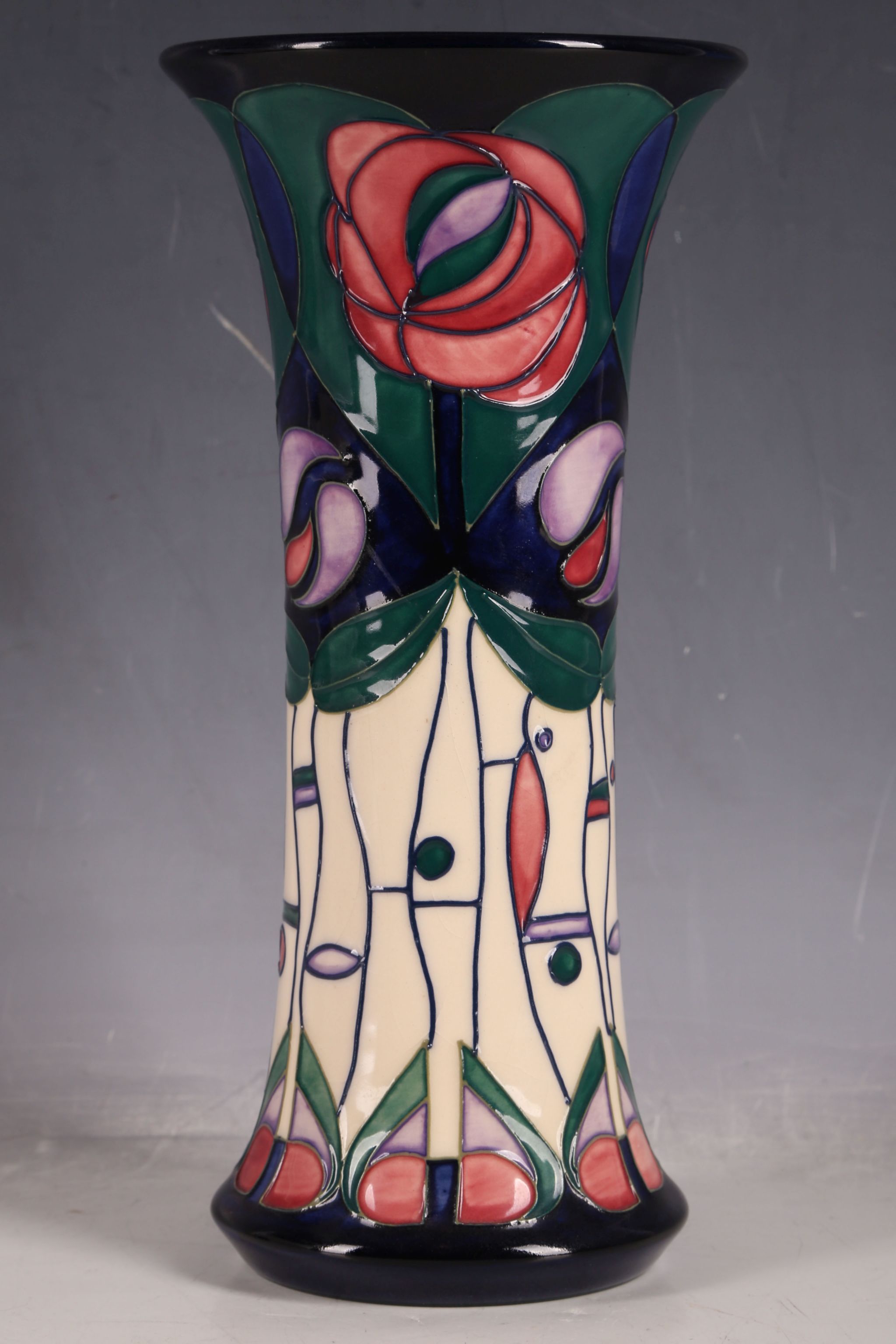 A Moorcroft tube-line vase, everted rim, Mackintosh rose pattern, marks for Ann Bishop, 25.9cm H. - Image 4 of 6