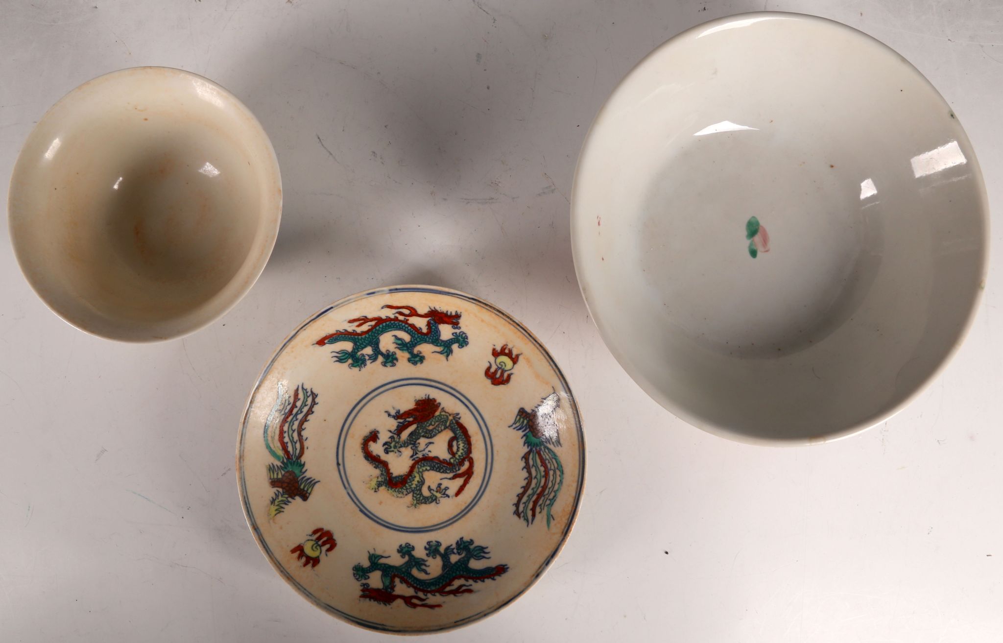 A Chinese rice bowl, chicken decoration and matching saucer with dragon, six character marks and - Image 2 of 3